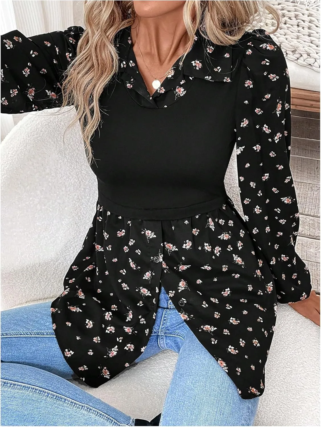 MakeMeChic Women's Color Block Rib Knitted Collar Long Sleeve 2 in 1 Shirt Blouse Peplum Tops