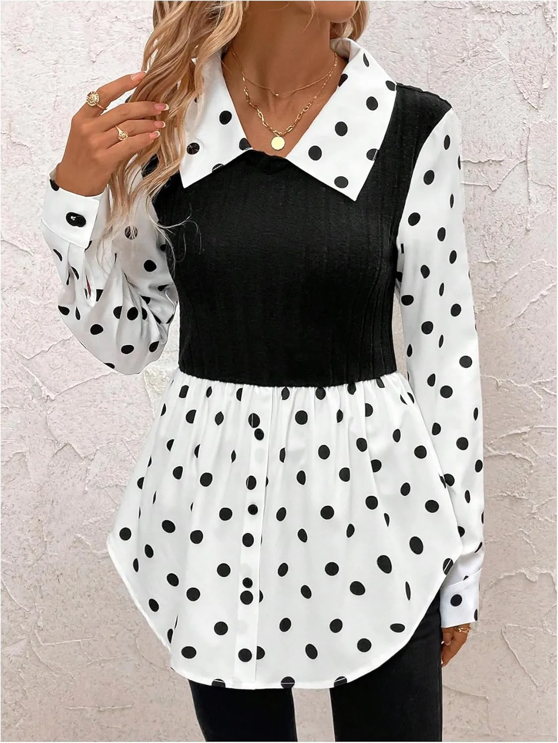 MakeMeChic Women's Color Block Rib Knitted Collar Long Sleeve 2 in 1 Shirt Blouse Peplum Tops