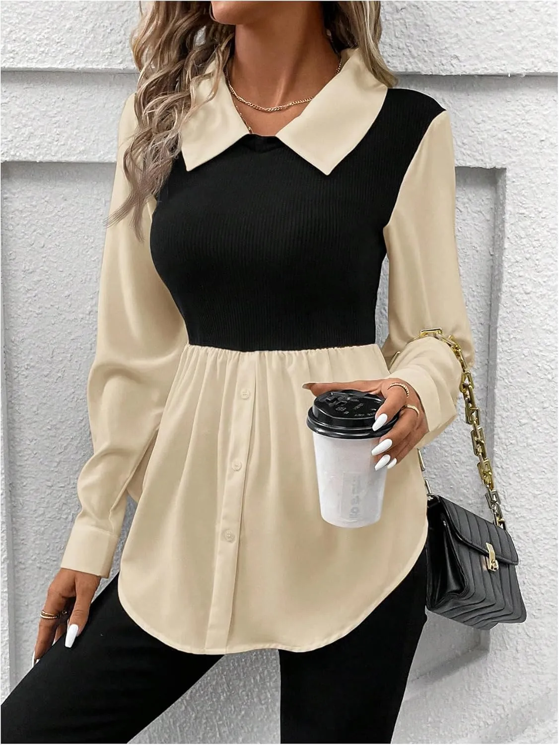 MakeMeChic Women's Color Block Rib Knitted Collar Long Sleeve 2 in 1 Shirt Blouse Peplum Tops