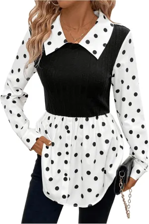 MakeMeChic Women's Color Block Rib Knitted Collar Long Sleeve 2 in 1 Shirt Blouse Peplum Tops