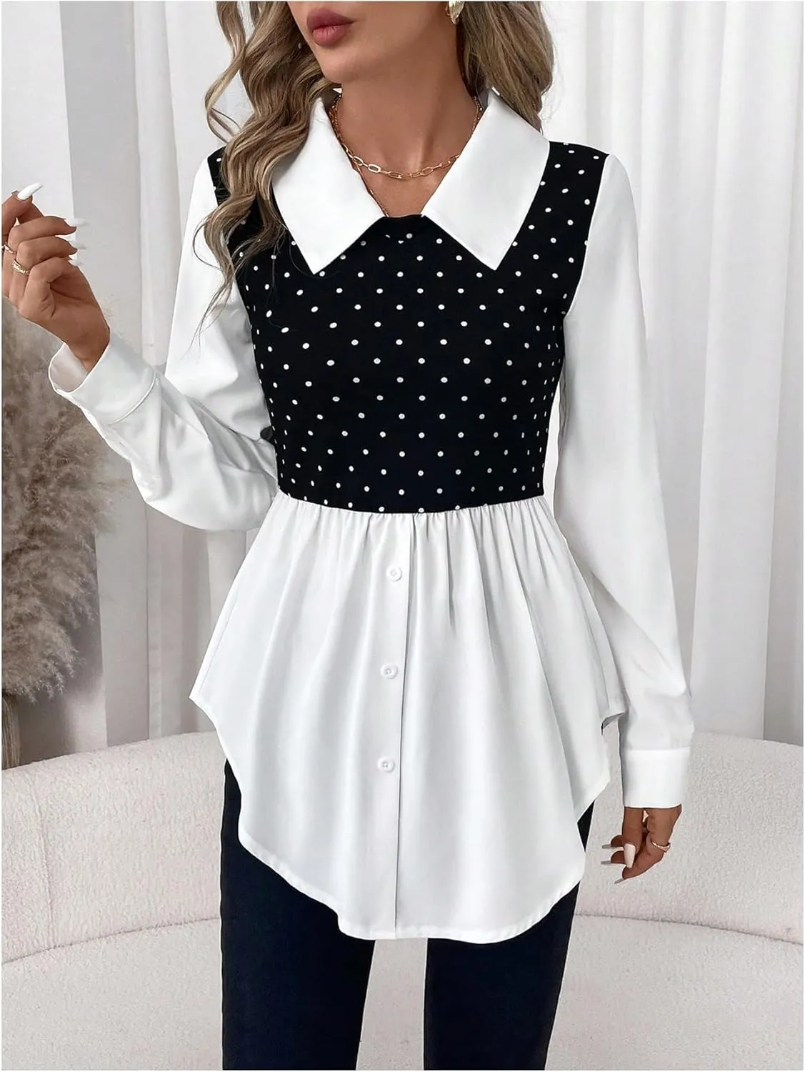 MakeMeChic Women's Color Block Rib Knitted Collar Long Sleeve 2 in 1 Shirt Blouse Peplum Tops