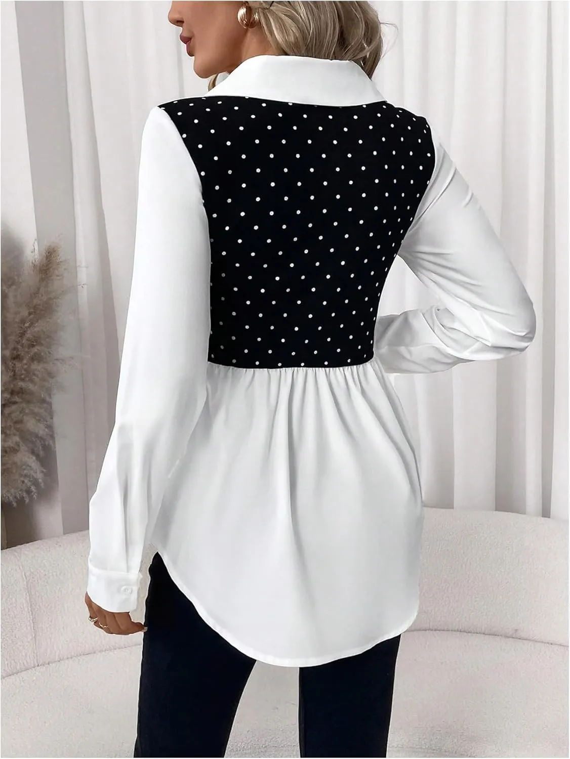 MakeMeChic Women's Color Block Rib Knitted Collar Long Sleeve 2 in 1 Shirt Blouse Peplum Tops