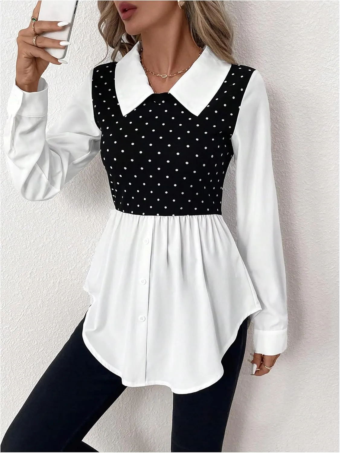 MakeMeChic Women's Color Block Rib Knitted Collar Long Sleeve 2 in 1 Shirt Blouse Peplum Tops
