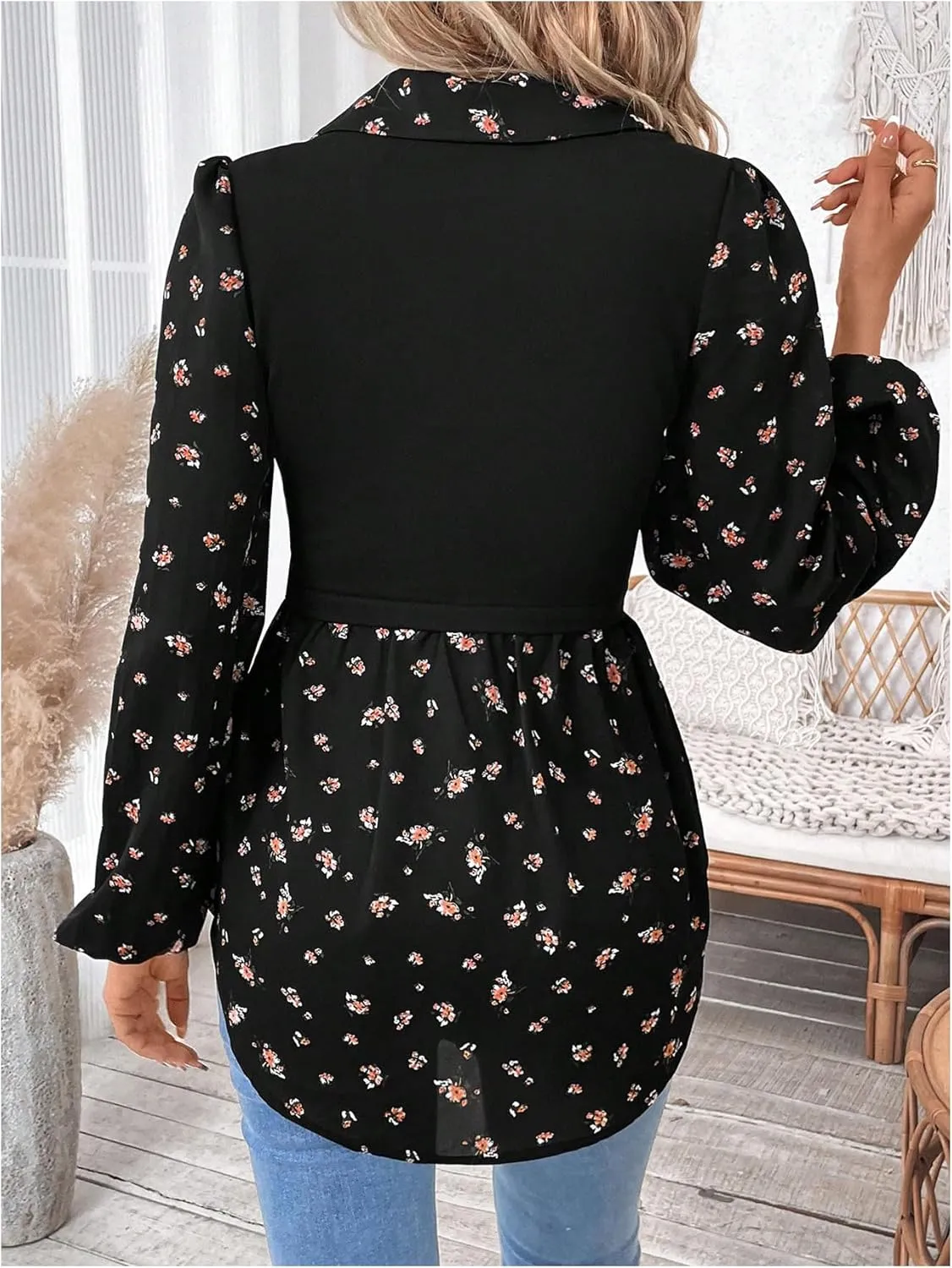 MakeMeChic Women's Color Block Rib Knitted Collar Long Sleeve 2 in 1 Shirt Blouse Peplum Tops