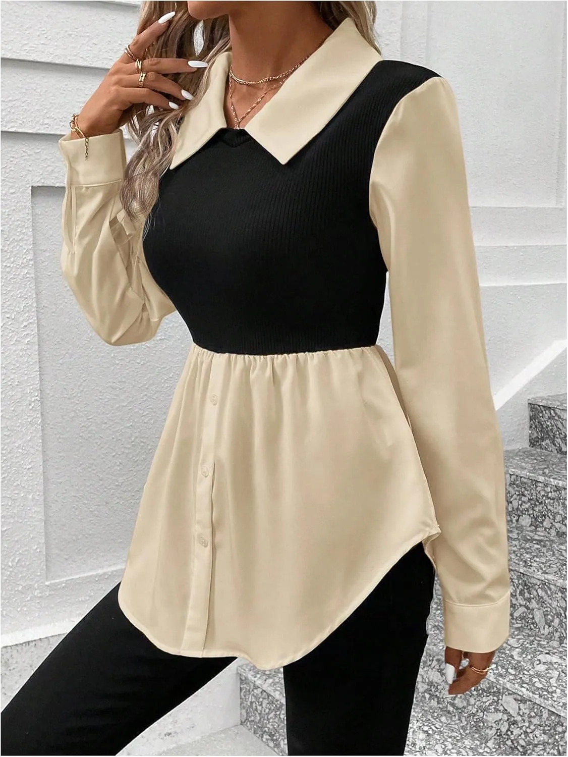MakeMeChic Women's Color Block Rib Knitted Collar Long Sleeve 2 in 1 Shirt Blouse Peplum Tops