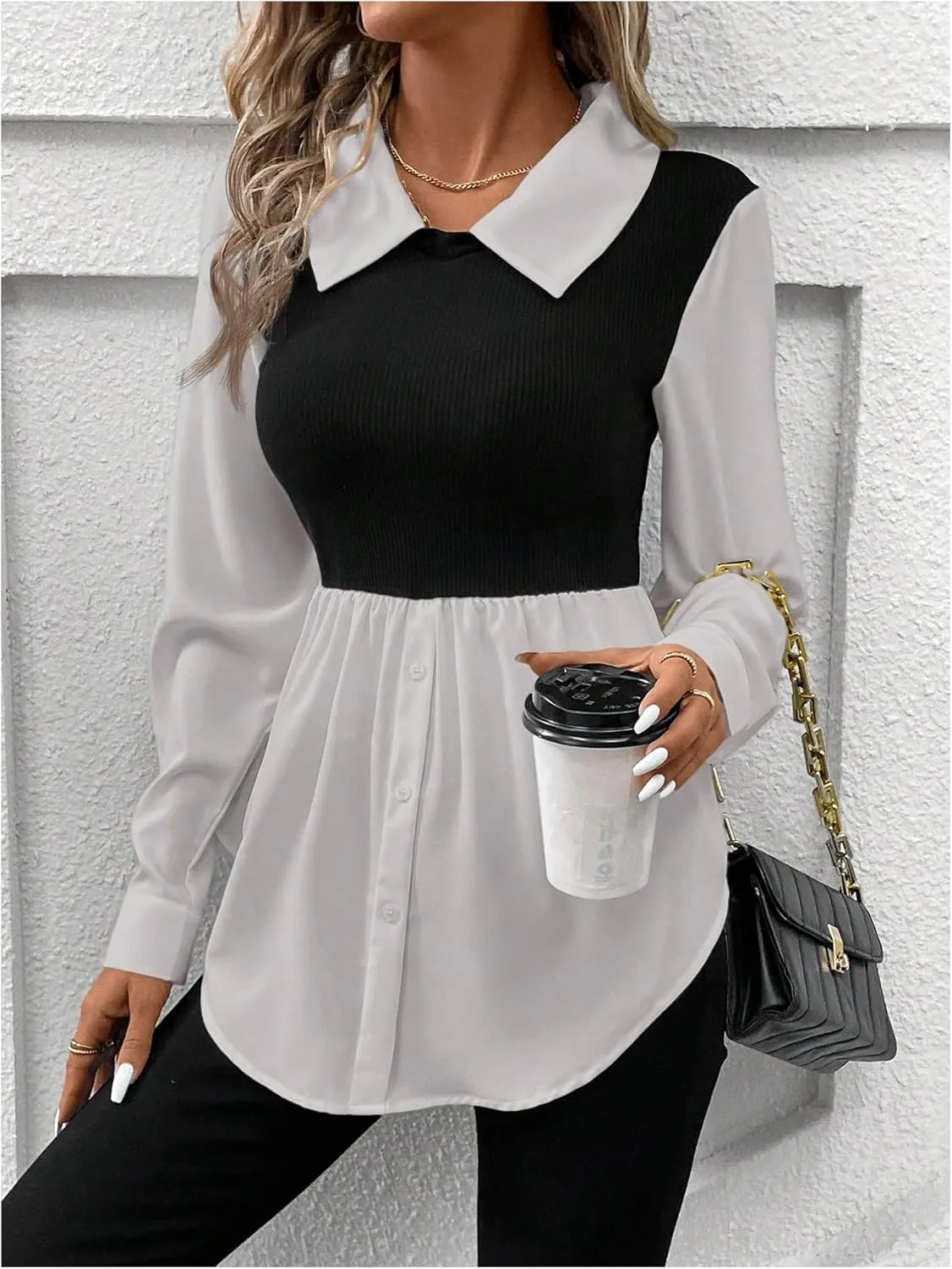 MakeMeChic Women's Color Block Rib Knitted Collar Long Sleeve 2 in 1 Shirt Blouse Peplum Tops