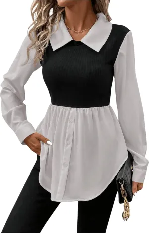 MakeMeChic Women's Color Block Rib Knitted Collar Long Sleeve 2 in 1 Shirt Blouse Peplum Tops