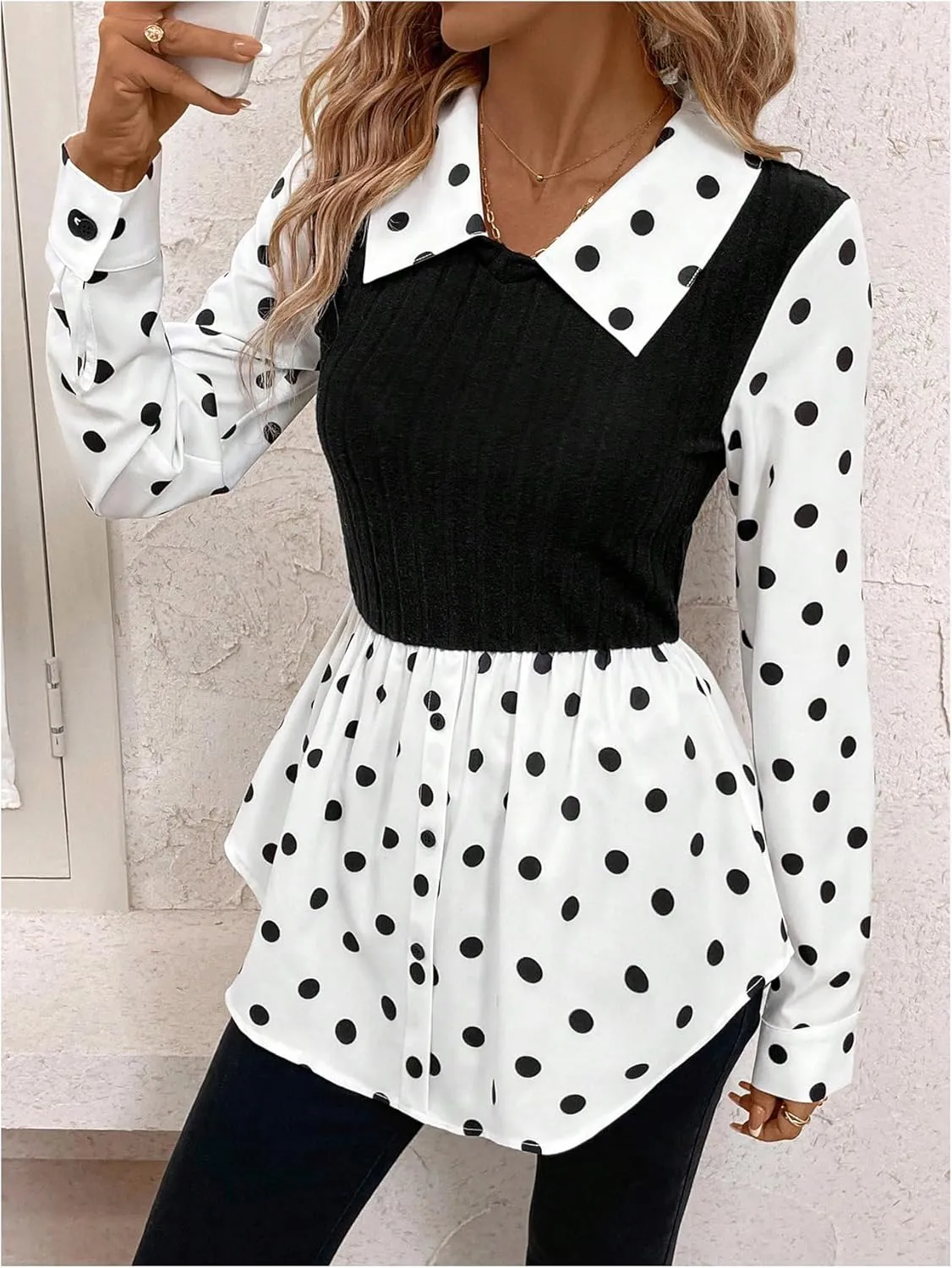 MakeMeChic Women's Color Block Rib Knitted Collar Long Sleeve 2 in 1 Shirt Blouse Peplum Tops