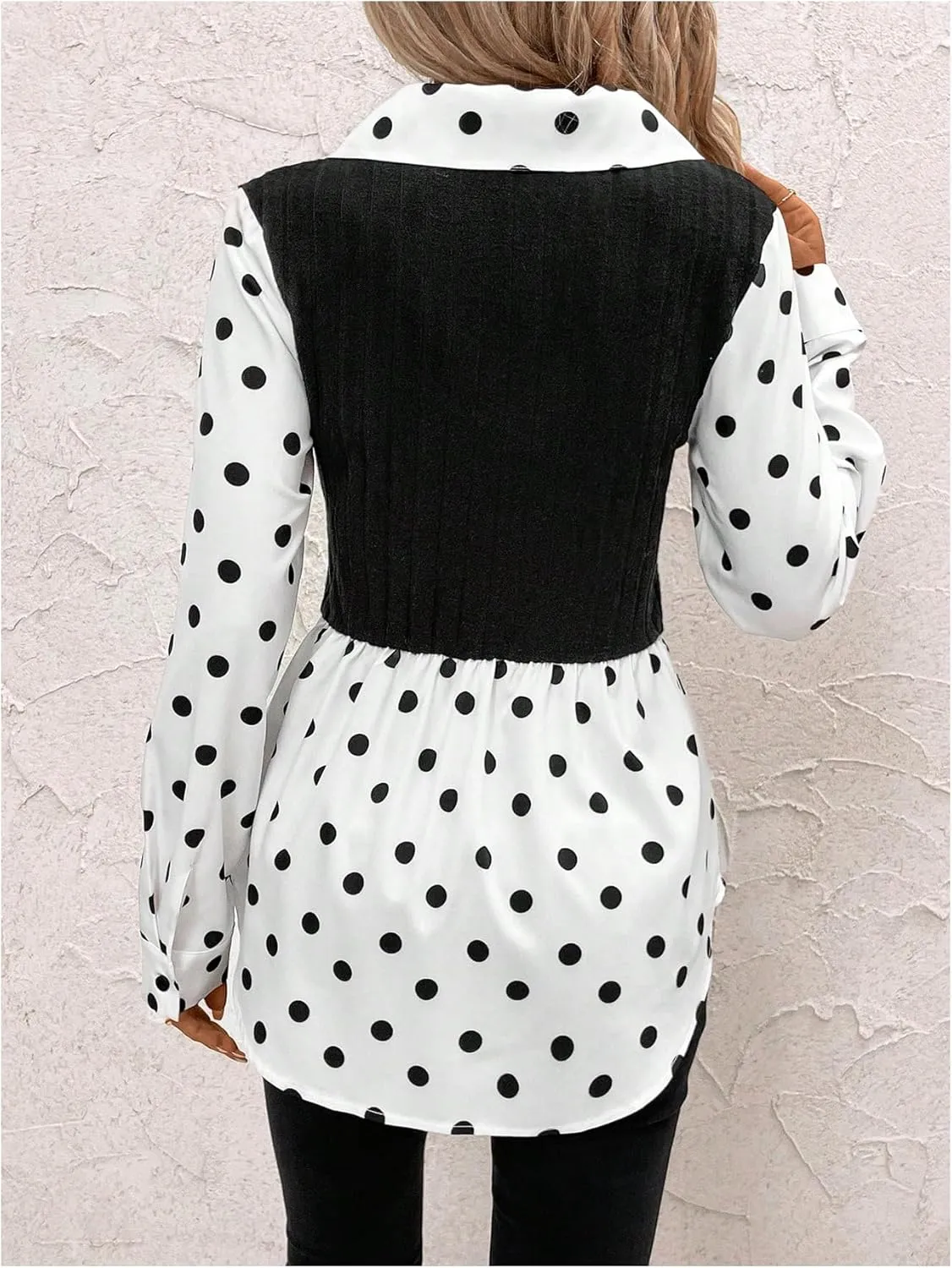 MakeMeChic Women's Color Block Rib Knitted Collar Long Sleeve 2 in 1 Shirt Blouse Peplum Tops
