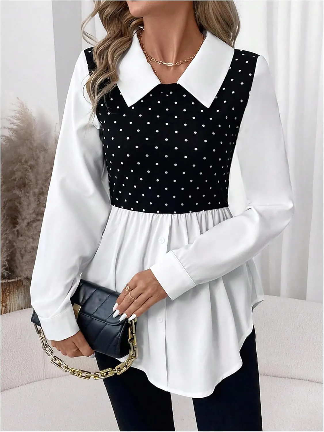 MakeMeChic Women's Color Block Rib Knitted Collar Long Sleeve 2 in 1 Shirt Blouse Peplum Tops