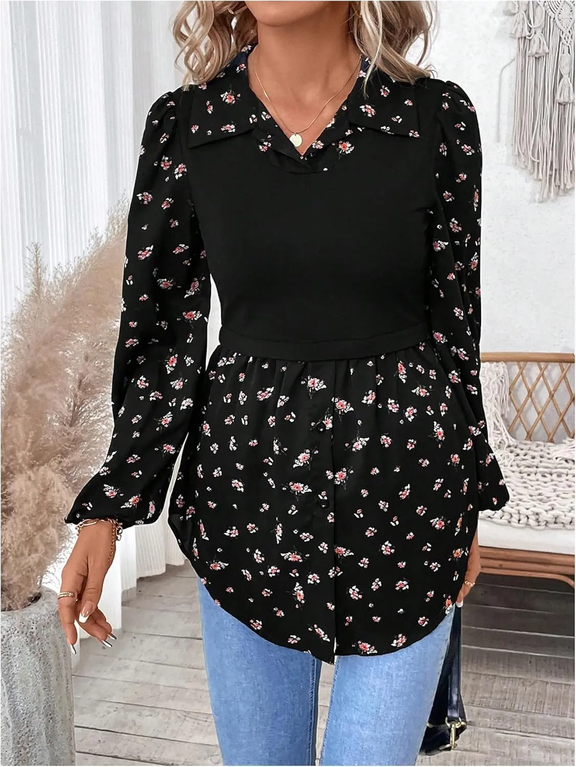 MakeMeChic Women's Color Block Rib Knitted Collar Long Sleeve 2 in 1 Shirt Blouse Peplum Tops