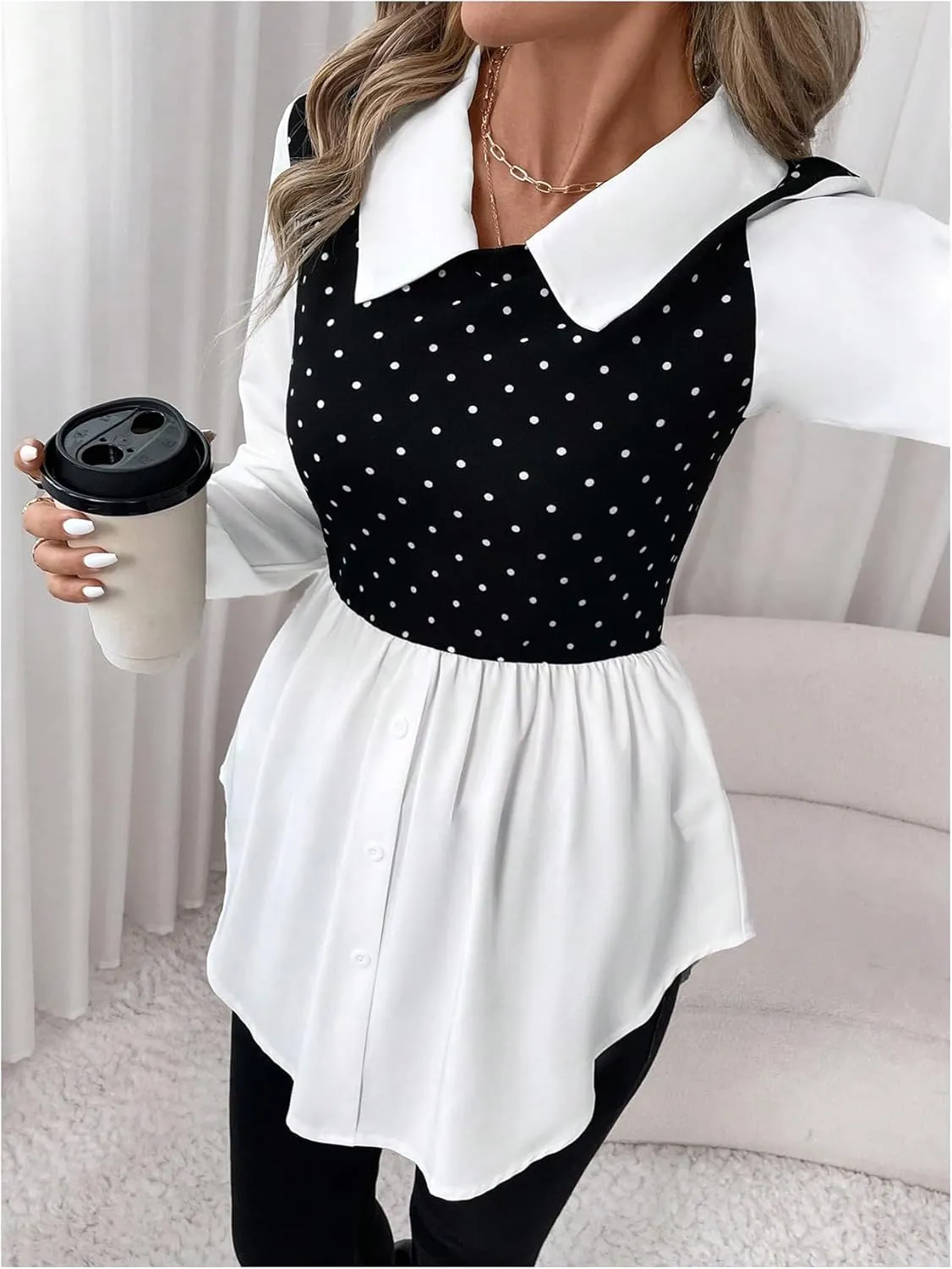 MakeMeChic Women's Color Block Rib Knitted Collar Long Sleeve 2 in 1 Shirt Blouse Peplum Tops