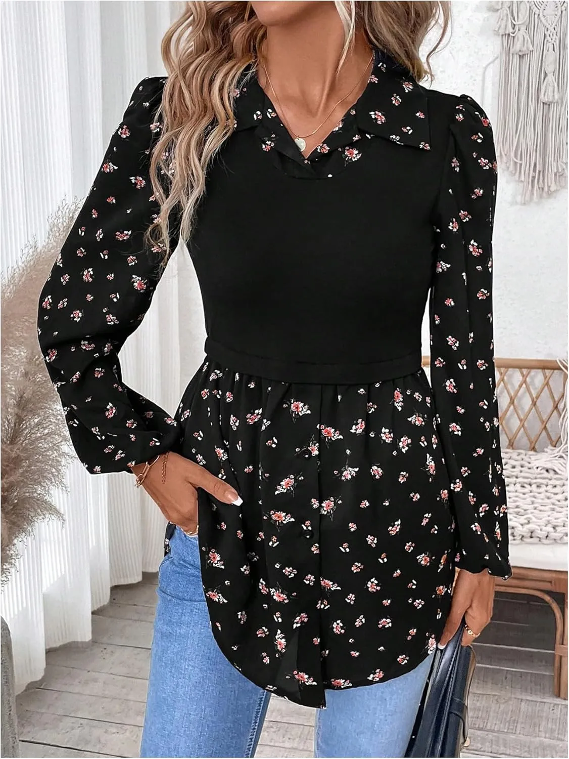 MakeMeChic Women's Color Block Rib Knitted Collar Long Sleeve 2 in 1 Shirt Blouse Peplum Tops
