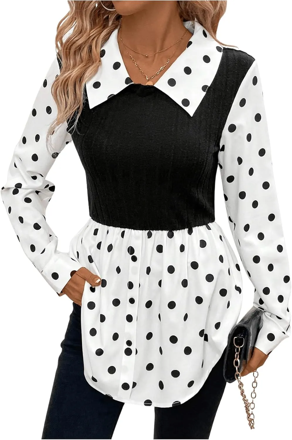 MakeMeChic Women's Color Block Rib Knitted Collar Long Sleeve 2 in 1 Shirt Blouse Peplum Tops