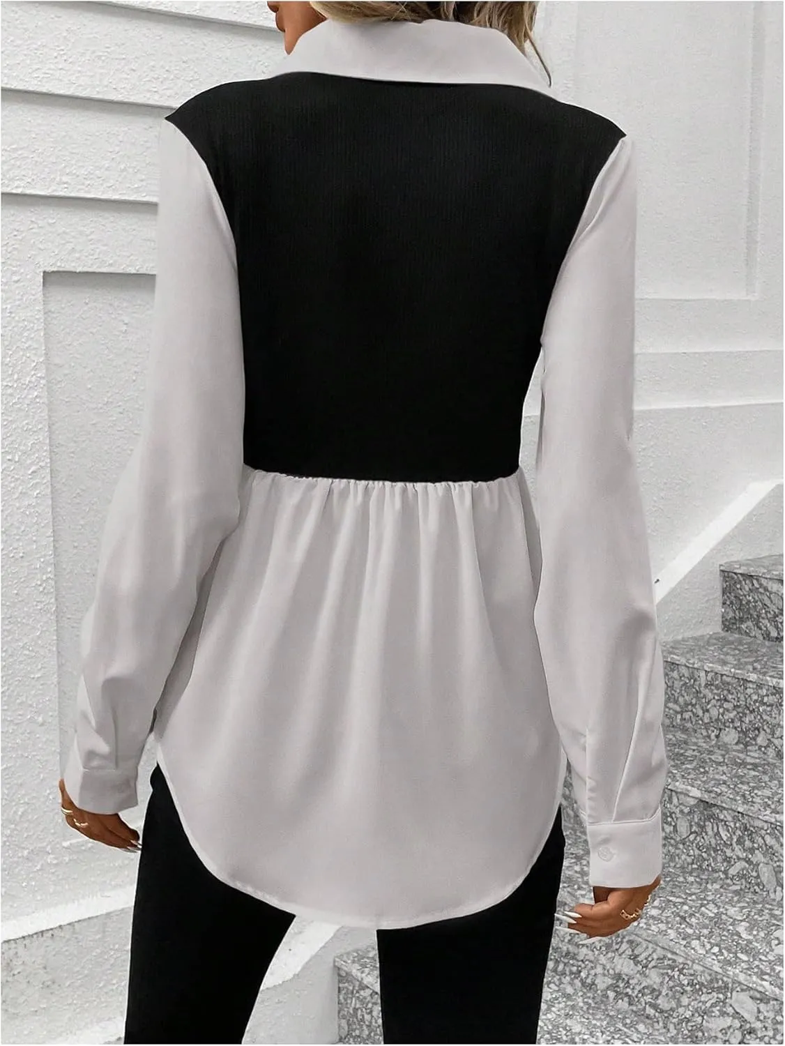 MakeMeChic Women's Color Block Rib Knitted Collar Long Sleeve 2 in 1 Shirt Blouse Peplum Tops