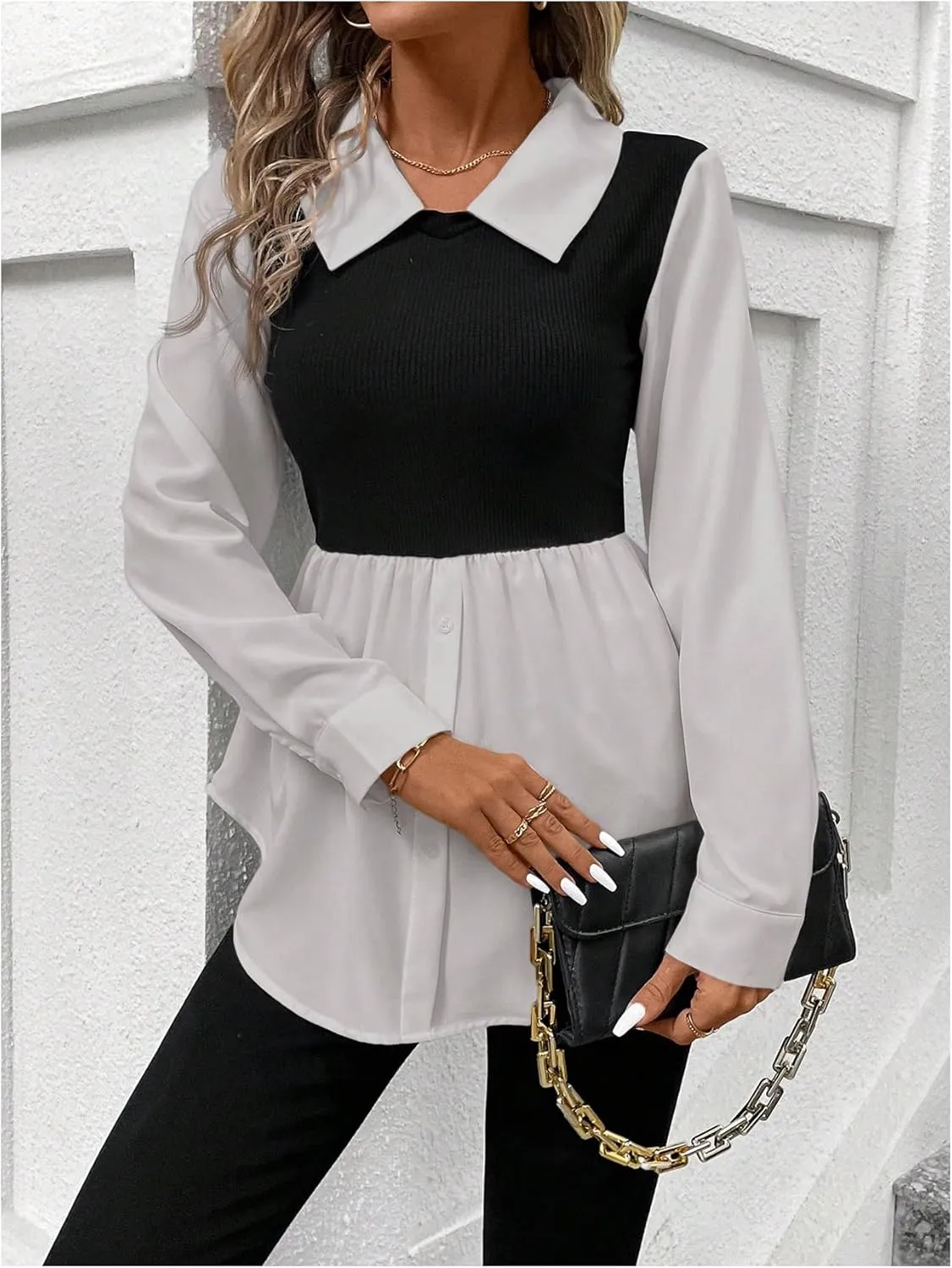 MakeMeChic Women's Color Block Rib Knitted Collar Long Sleeve 2 in 1 Shirt Blouse Peplum Tops