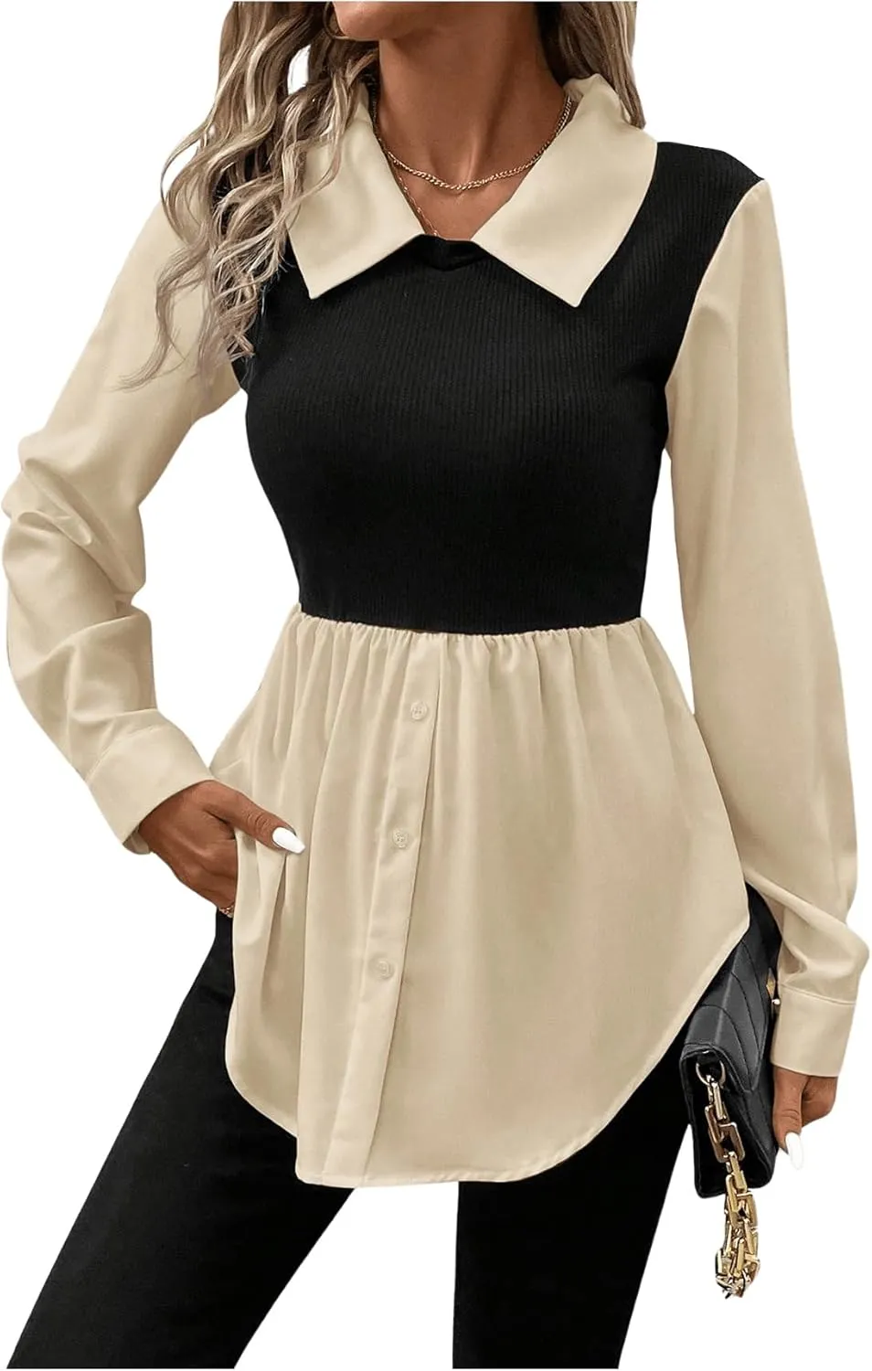 MakeMeChic Women's Color Block Rib Knitted Collar Long Sleeve 2 in 1 Shirt Blouse Peplum Tops