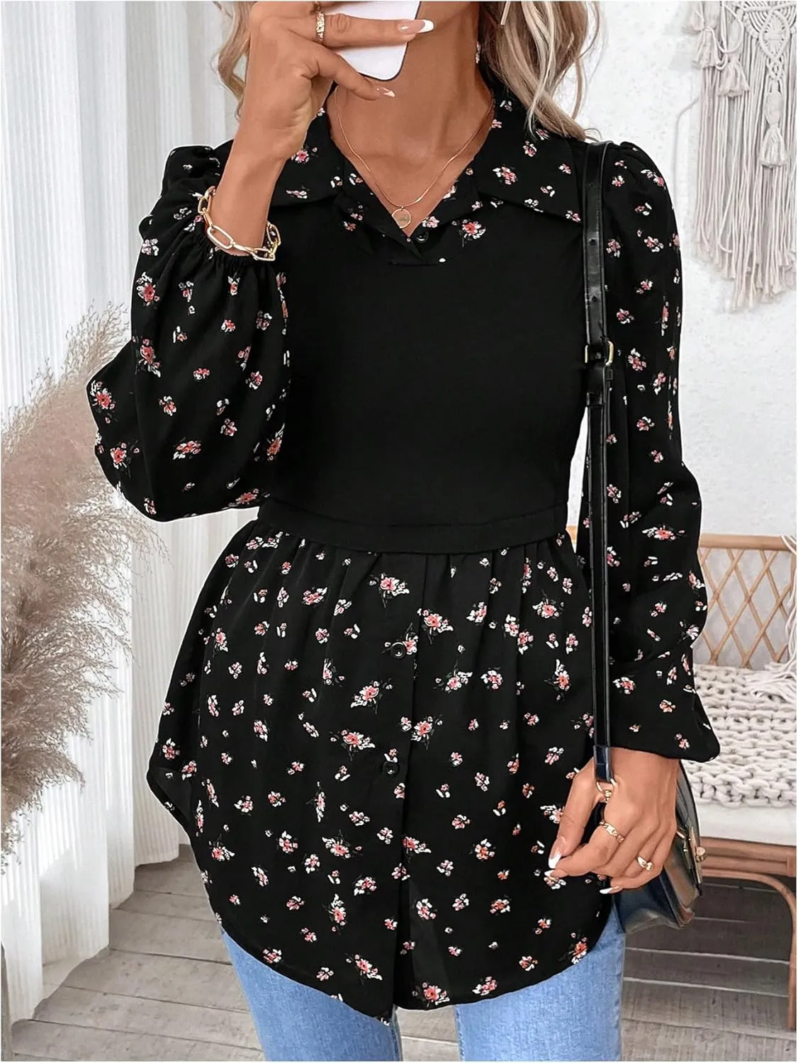 MakeMeChic Women's Color Block Rib Knitted Collar Long Sleeve 2 in 1 Shirt Blouse Peplum Tops