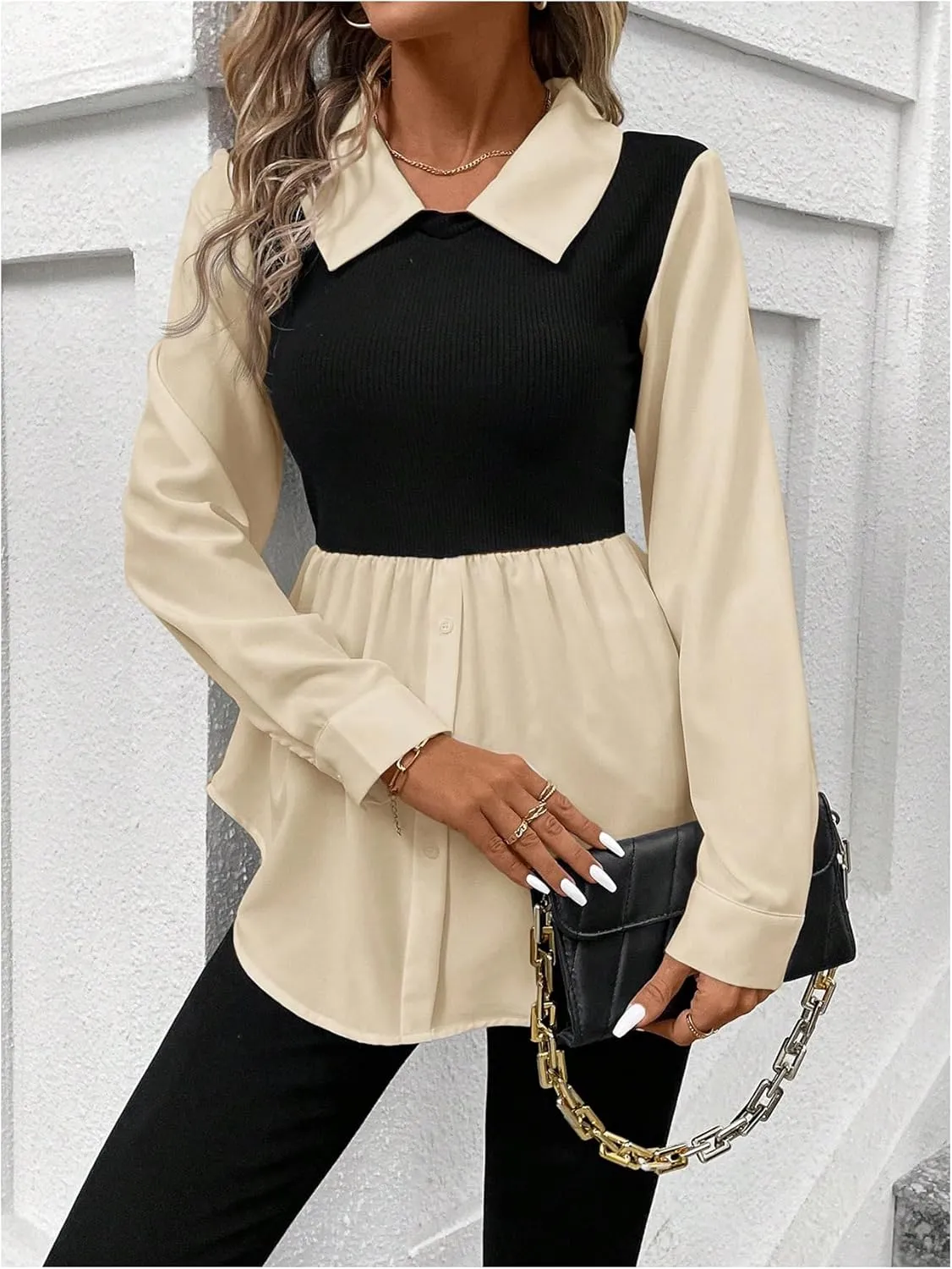MakeMeChic Women's Color Block Rib Knitted Collar Long Sleeve 2 in 1 Shirt Blouse Peplum Tops