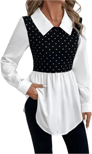 MakeMeChic Women's Color Block Rib Knitted Collar Long Sleeve 2 in 1 Shirt Blouse Peplum Tops