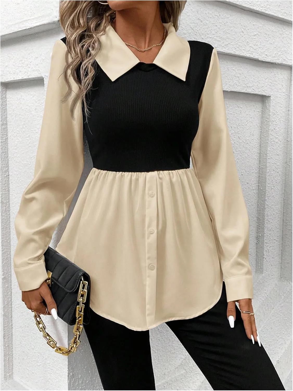 MakeMeChic Women's Color Block Rib Knitted Collar Long Sleeve 2 in 1 Shirt Blouse Peplum Tops