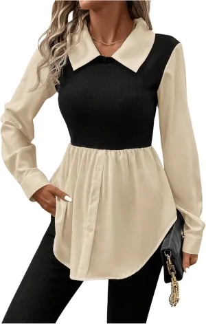 MakeMeChic Women's Color Block Rib Knitted Collar Long Sleeve 2 in 1 Shirt Blouse Peplum Tops