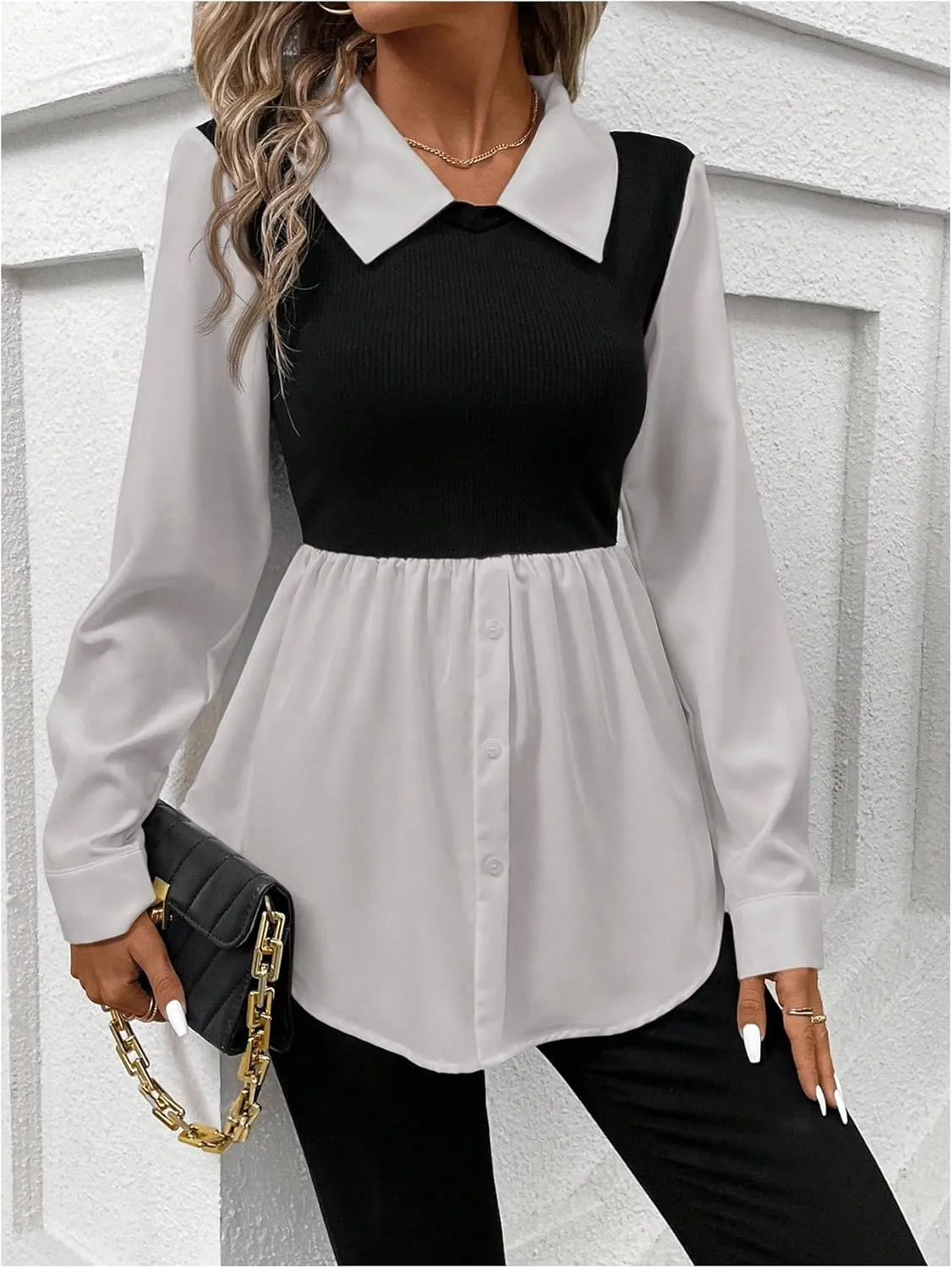 MakeMeChic Women's Color Block Rib Knitted Collar Long Sleeve 2 in 1 Shirt Blouse Peplum Tops