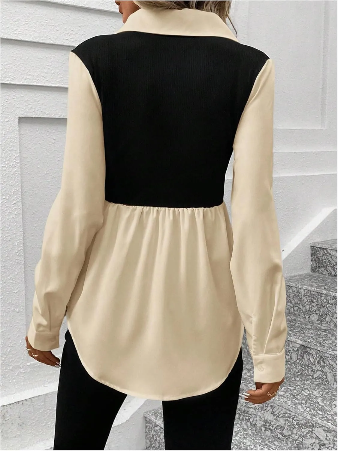 MakeMeChic Women's Color Block Rib Knitted Collar Long Sleeve 2 in 1 Shirt Blouse Peplum Tops