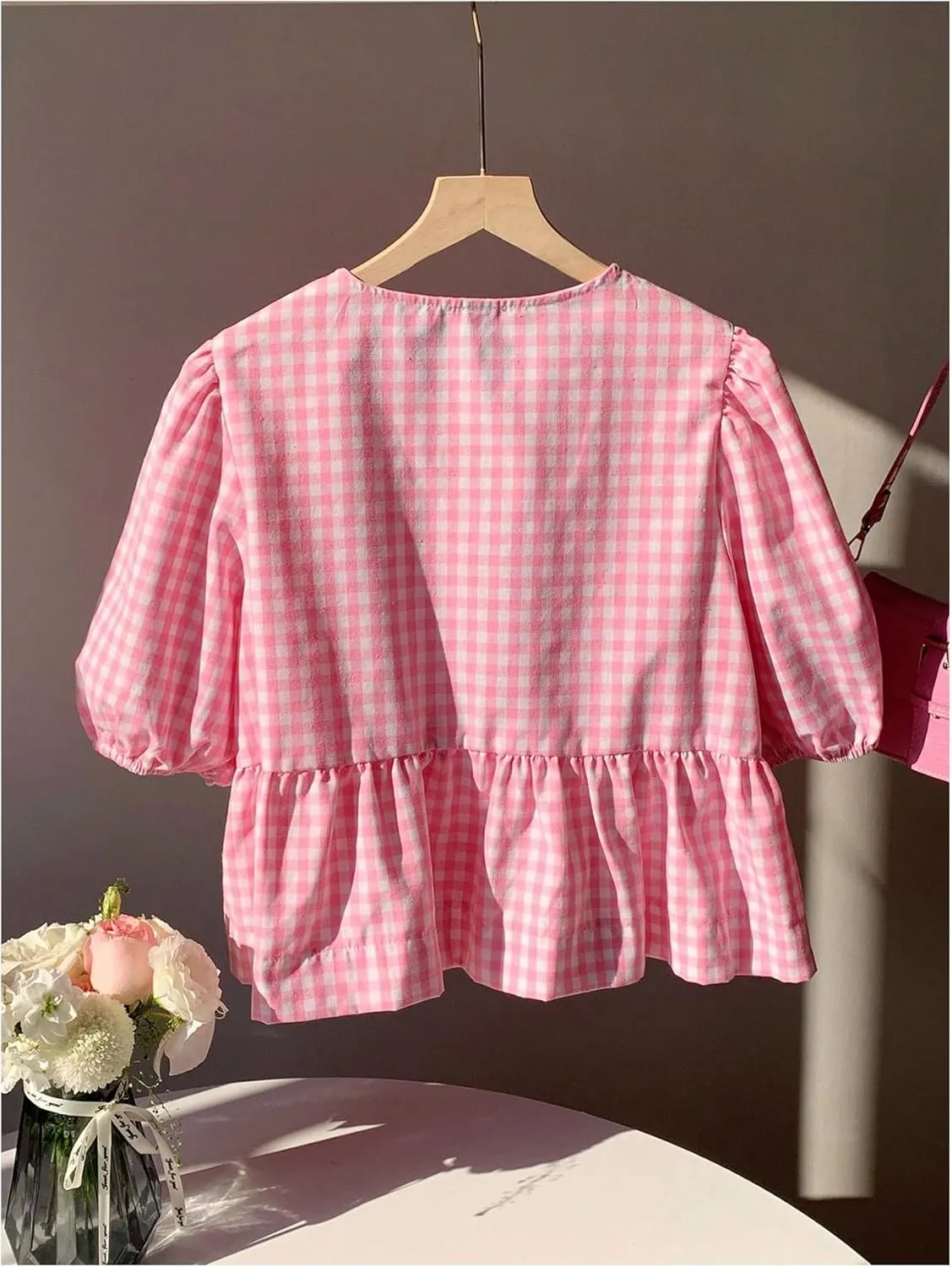 MakeMeChic Women's Plaid Gingham Bow Blouse Puff Sleeve Crew Neck Ruffle Hem Blouses Top