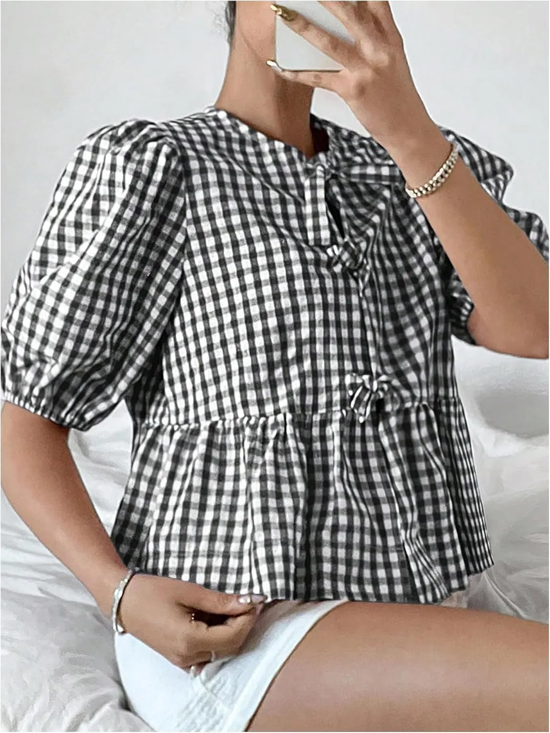 MakeMeChic Women's Plaid Gingham Bow Blouse Puff Sleeve Crew Neck Ruffle Hem Blouses Top