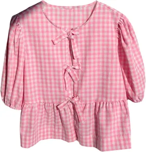 MakeMeChic Women's Plaid Gingham Bow Blouse Puff Sleeve Crew Neck Ruffle Hem Blouses Top