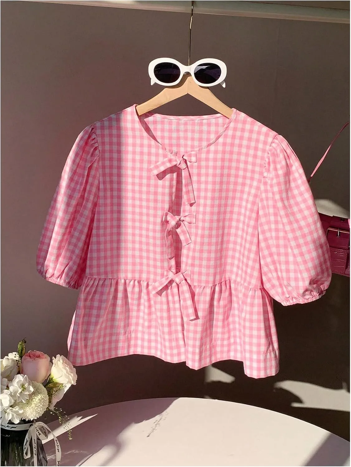 MakeMeChic Women's Plaid Gingham Bow Blouse Puff Sleeve Crew Neck Ruffle Hem Blouses Top