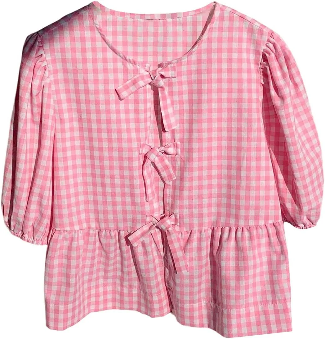 MakeMeChic Women's Plaid Gingham Bow Blouse Puff Sleeve Crew Neck Ruffle Hem Blouses Top