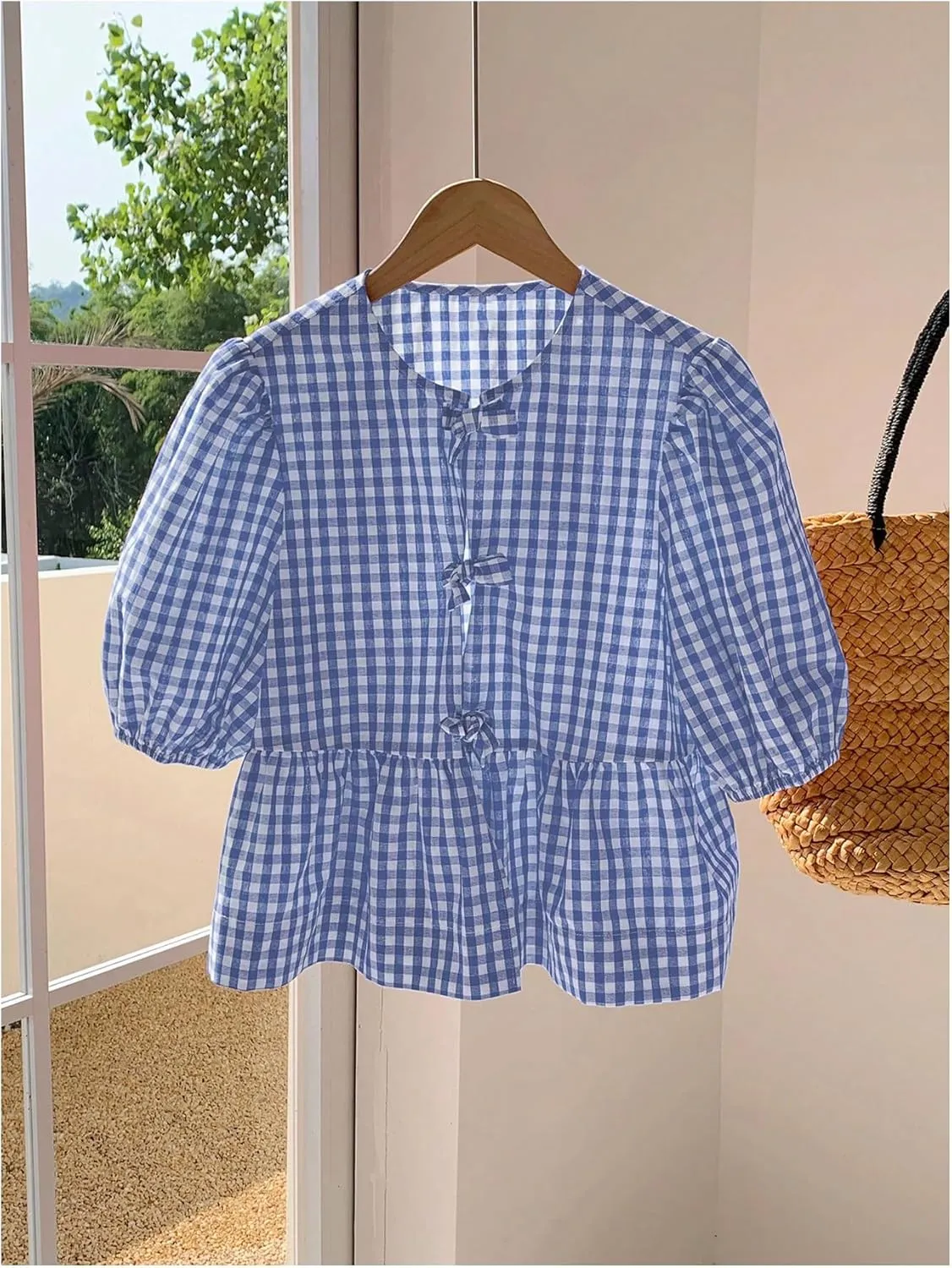 MakeMeChic Women's Plaid Gingham Bow Blouse Puff Sleeve Crew Neck Ruffle Hem Blouses Top