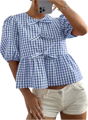 MakeMeChic Women's Plaid Gingham Bow Blouse Puff Sleeve Crew Neck Ruffle Hem Blouses Top