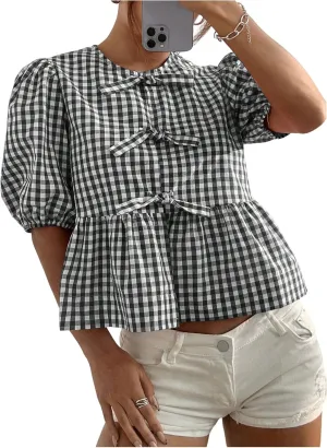 MakeMeChic Women's Plaid Gingham Bow Blouse Puff Sleeve Crew Neck Ruffle Hem Blouses Top