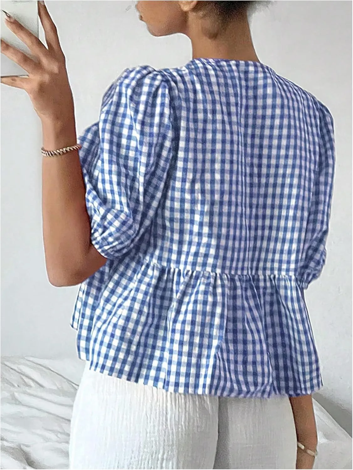 MakeMeChic Women's Plaid Gingham Bow Blouse Puff Sleeve Crew Neck Ruffle Hem Blouses Top