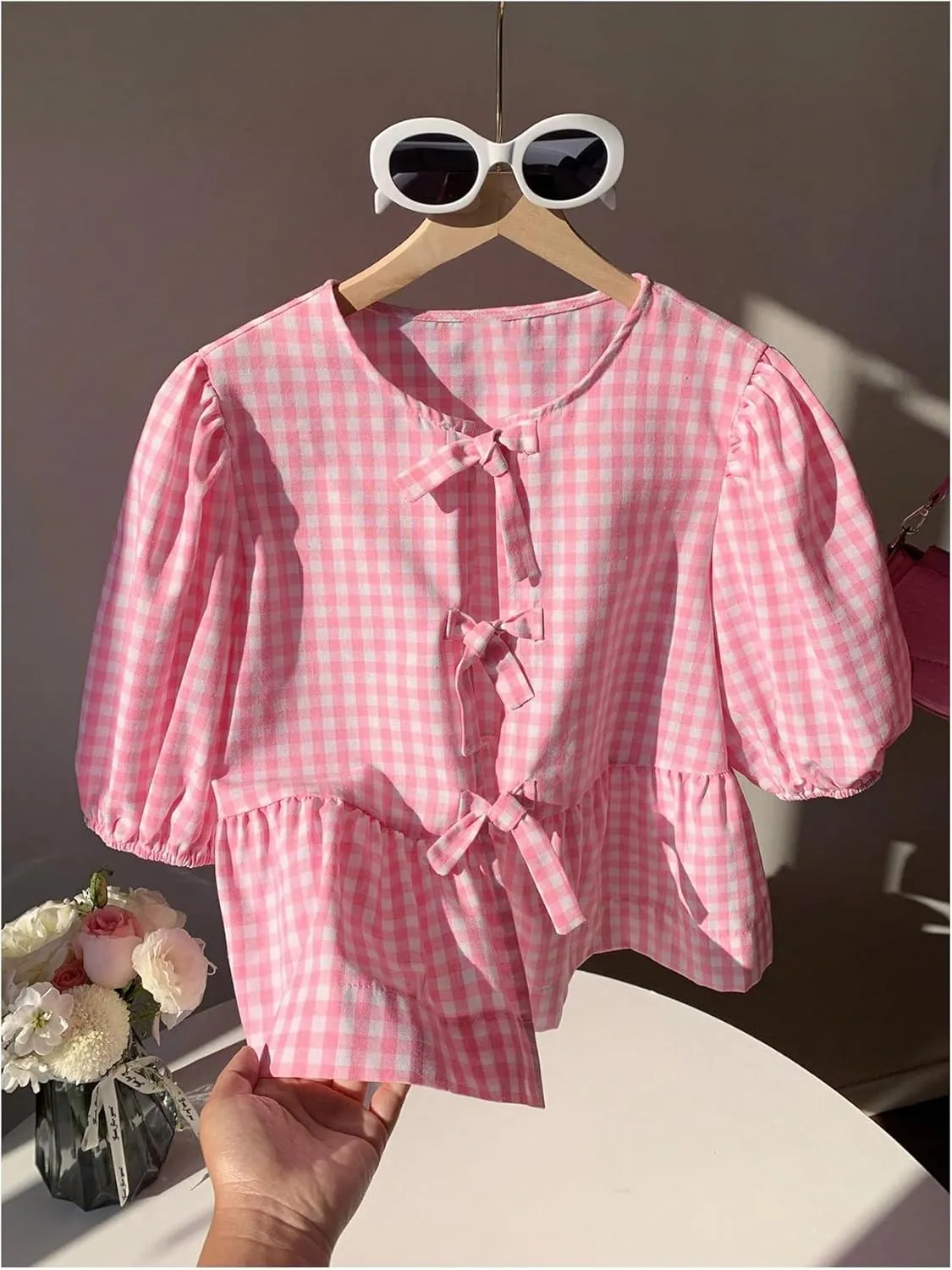 MakeMeChic Women's Plaid Gingham Bow Blouse Puff Sleeve Crew Neck Ruffle Hem Blouses Top