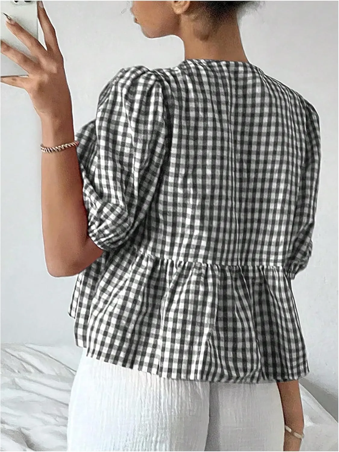 MakeMeChic Women's Plaid Gingham Bow Blouse Puff Sleeve Crew Neck Ruffle Hem Blouses Top