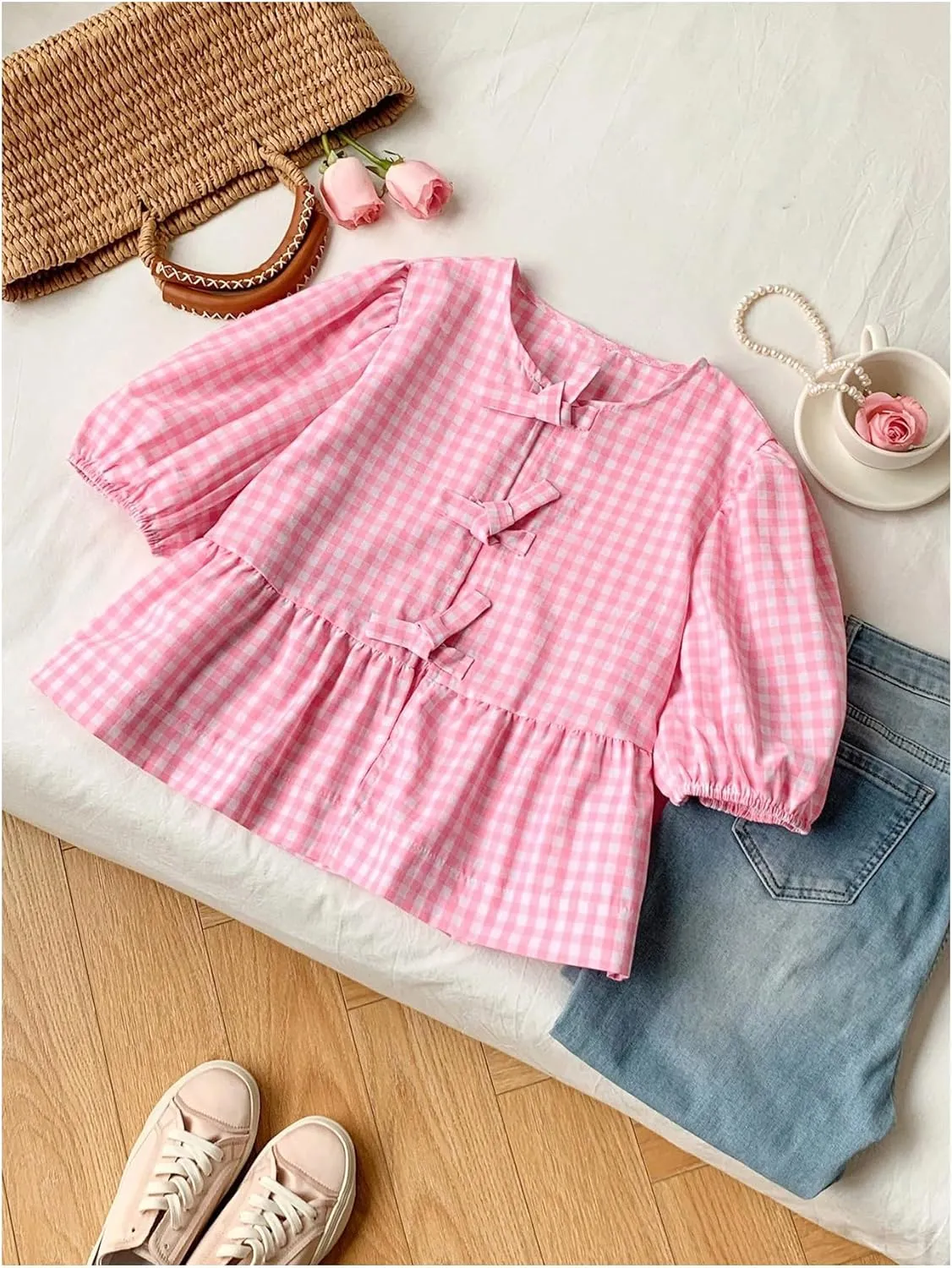 MakeMeChic Women's Plaid Gingham Bow Blouse Puff Sleeve Crew Neck Ruffle Hem Blouses Top