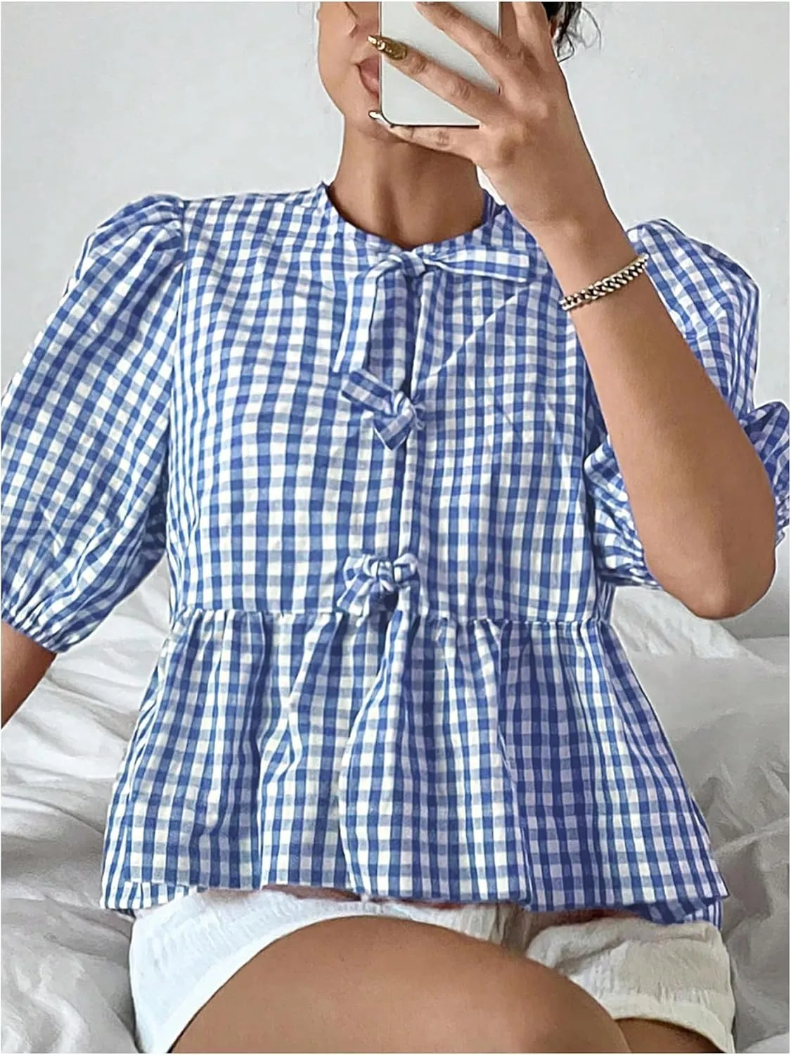 MakeMeChic Women's Plaid Gingham Bow Blouse Puff Sleeve Crew Neck Ruffle Hem Blouses Top