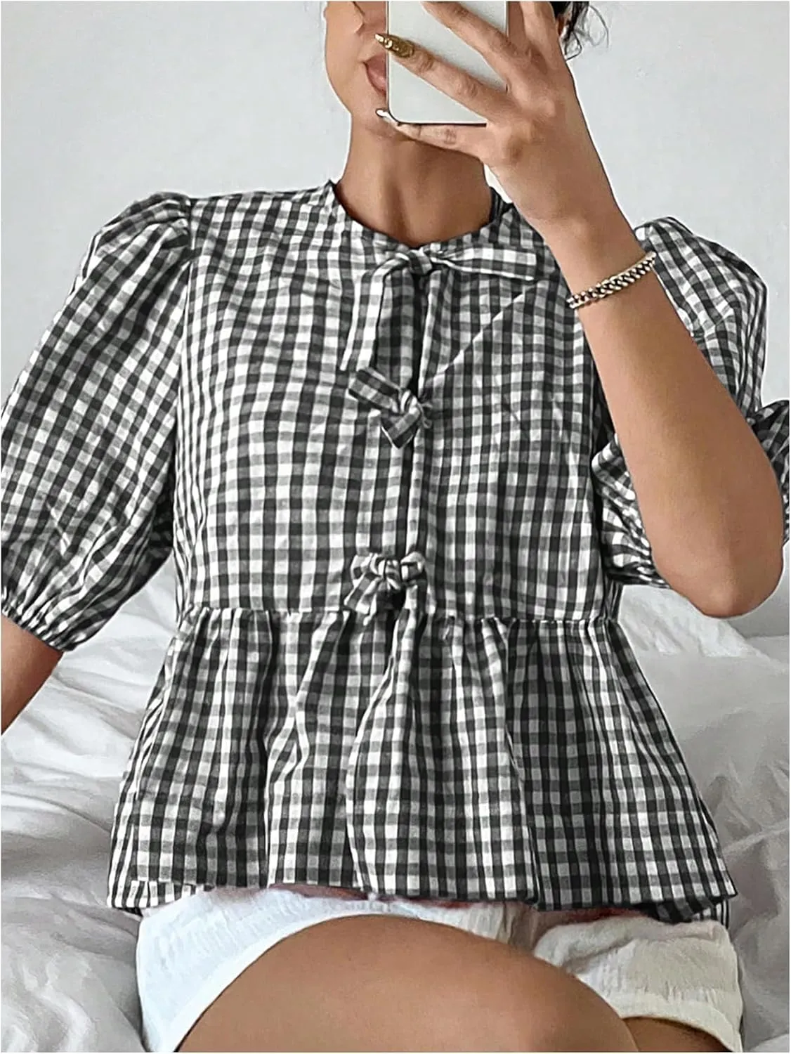 MakeMeChic Women's Plaid Gingham Bow Blouse Puff Sleeve Crew Neck Ruffle Hem Blouses Top