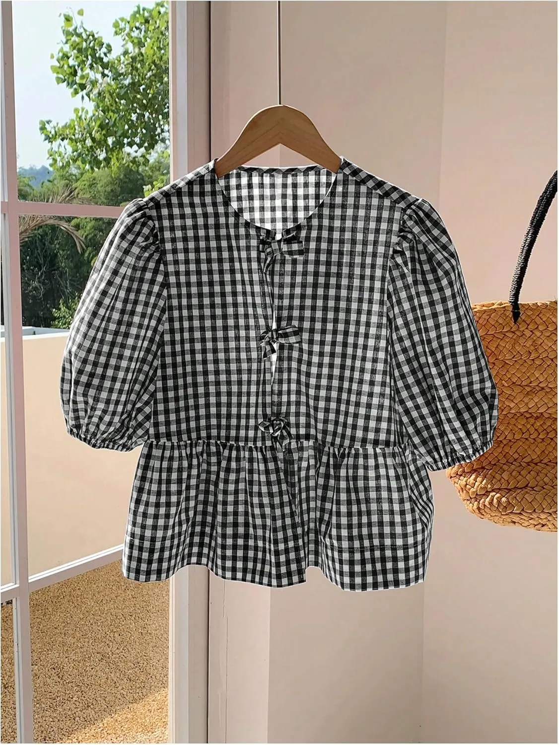 MakeMeChic Women's Plaid Gingham Bow Blouse Puff Sleeve Crew Neck Ruffle Hem Blouses Top