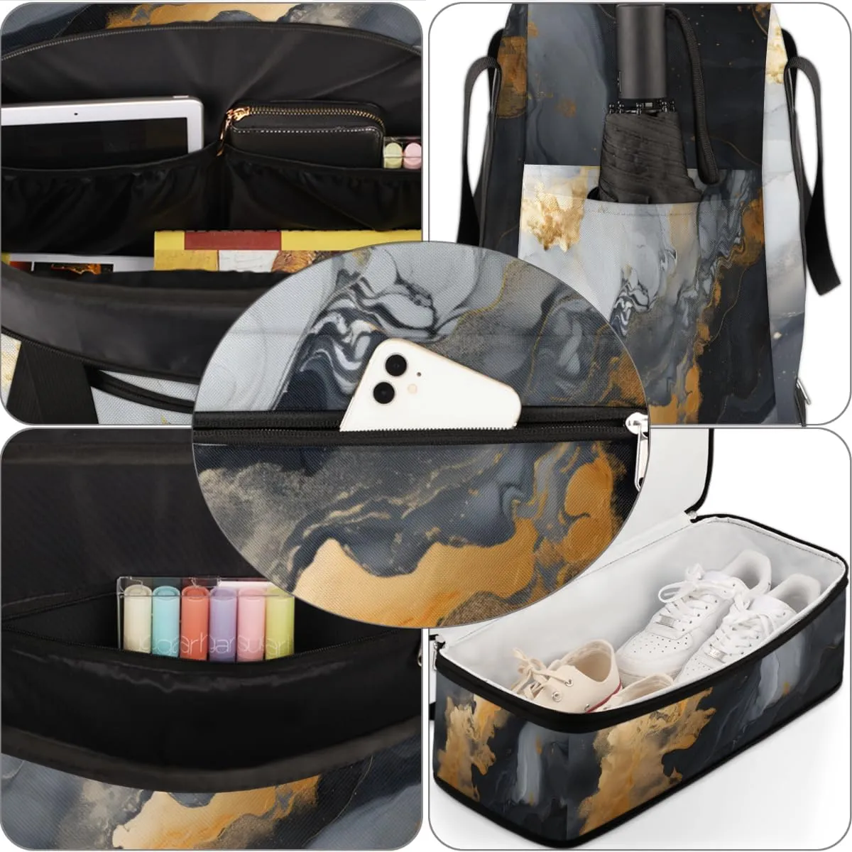 Marble Print Foldable Travel Duffel Bag Overnight Weekender Bag with Shoes Compartment Sports Gym Bag for Men Women
