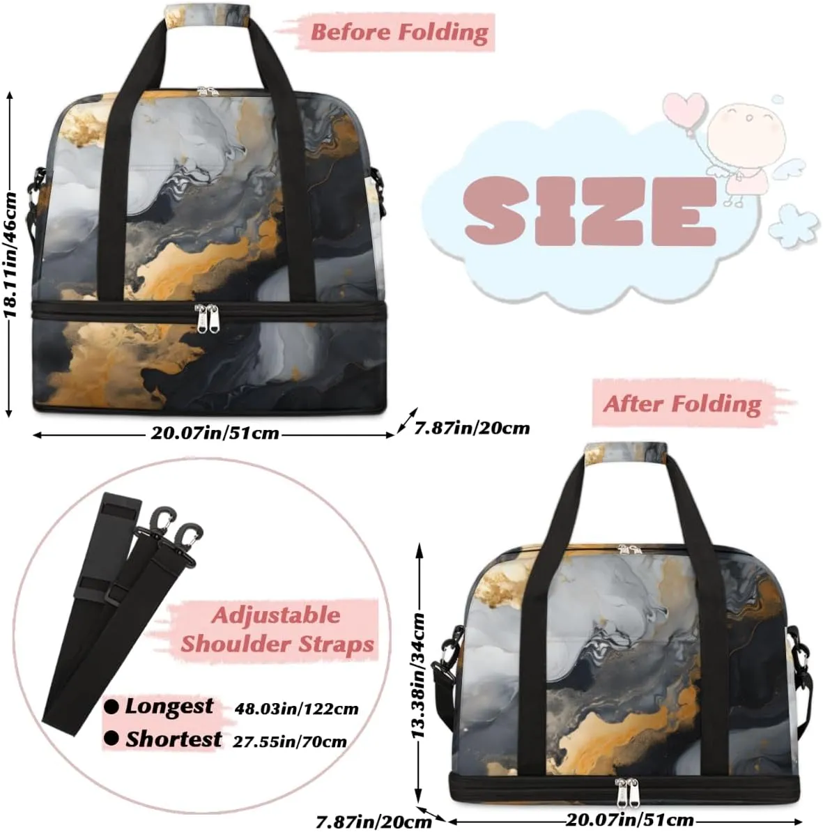 Marble Print Foldable Travel Duffel Bag Overnight Weekender Bag with Shoes Compartment Sports Gym Bag for Men Women
