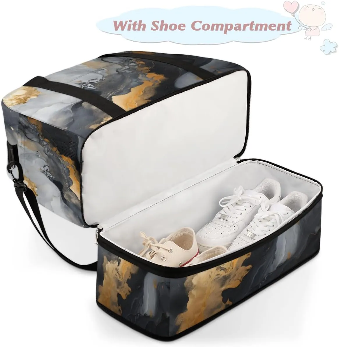 Marble Print Foldable Travel Duffel Bag Overnight Weekender Bag with Shoes Compartment Sports Gym Bag for Men Women