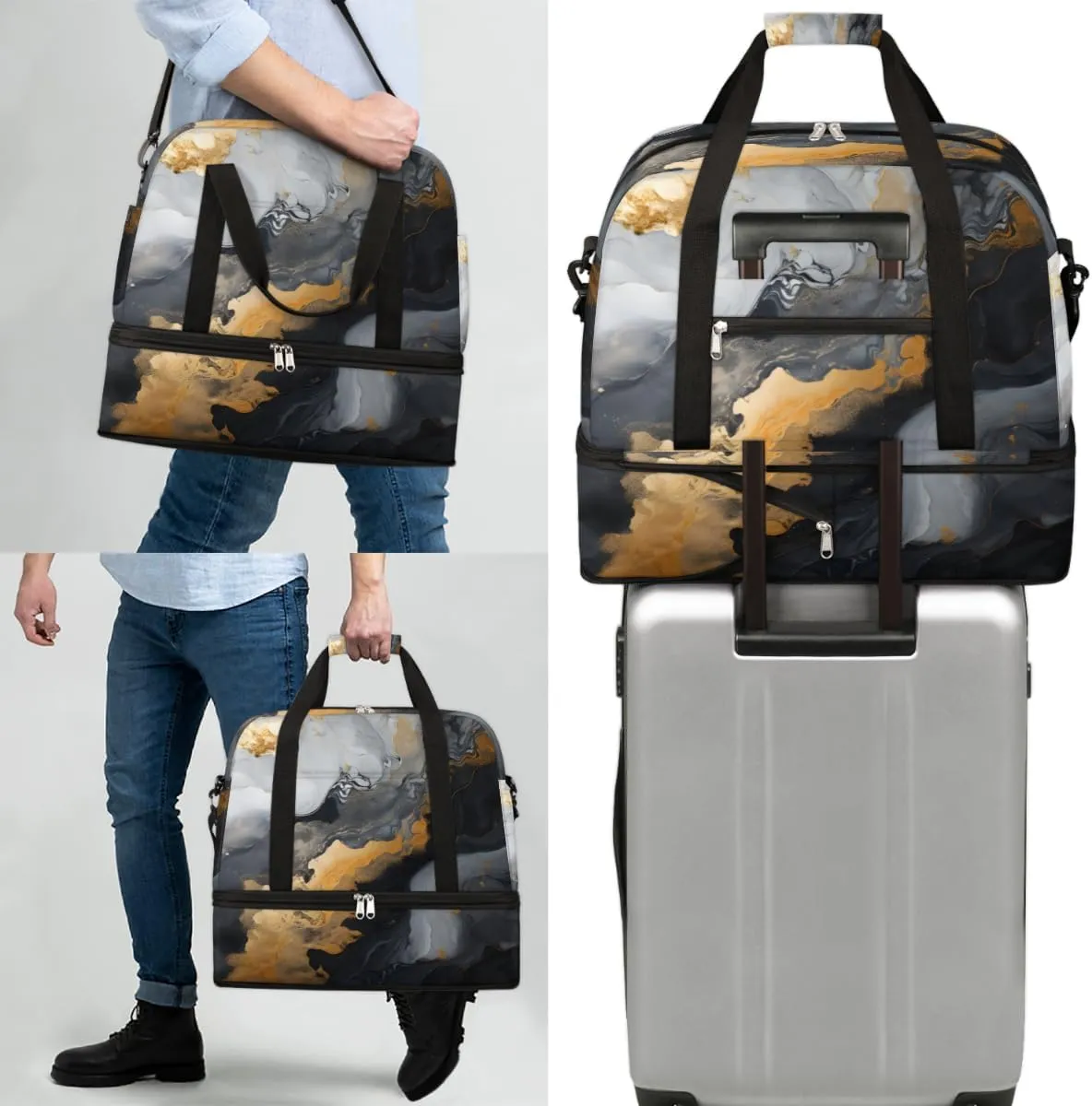 Marble Print Foldable Travel Duffel Bag Overnight Weekender Bag with Shoes Compartment Sports Gym Bag for Men Women