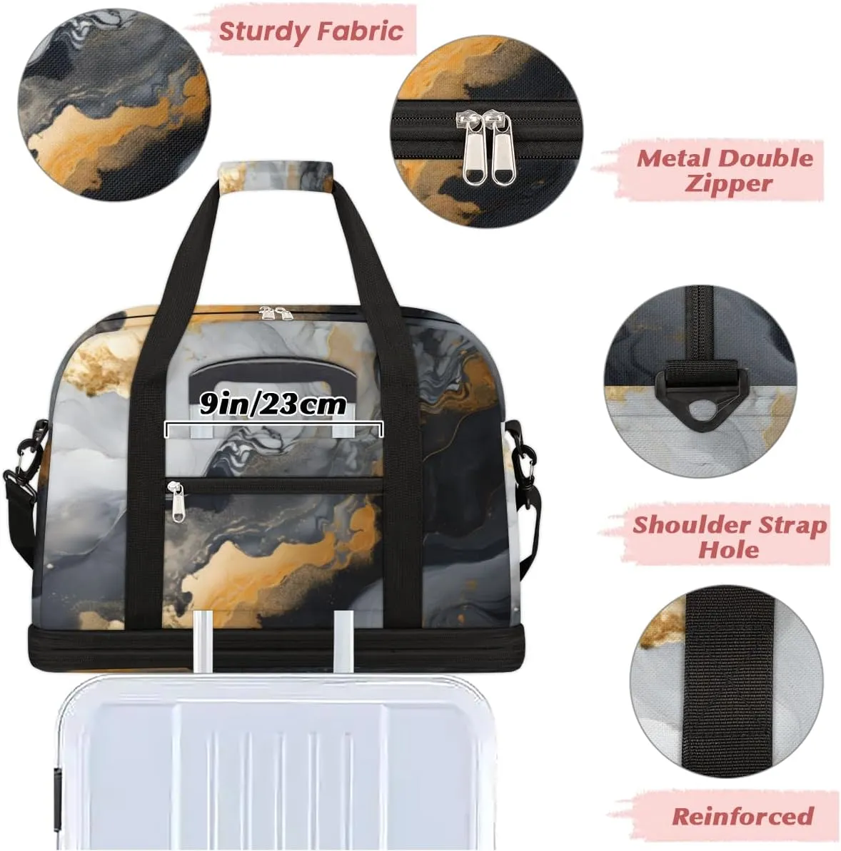 Marble Print Foldable Travel Duffel Bag Overnight Weekender Bag with Shoes Compartment Sports Gym Bag for Men Women