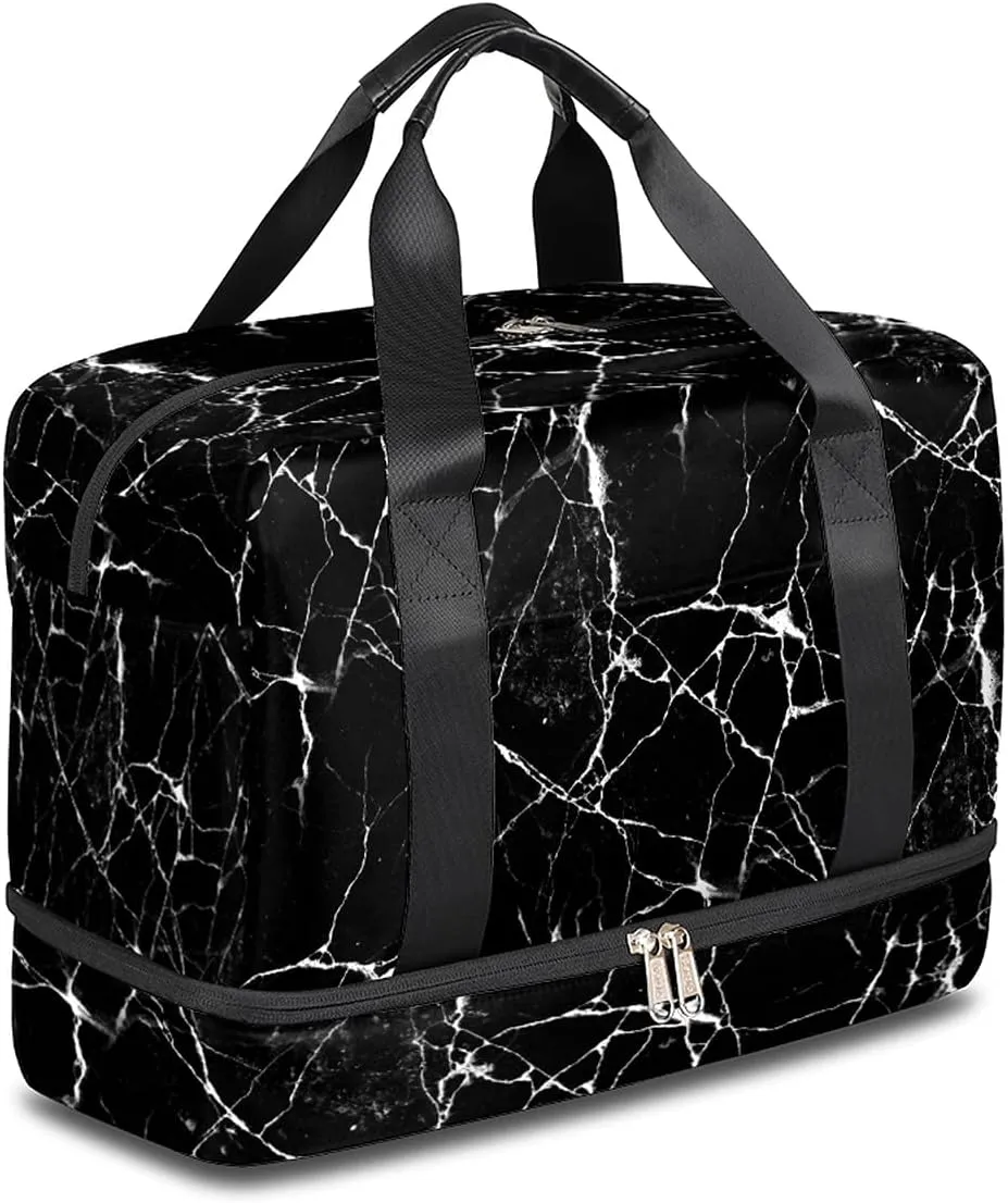 Marble Sports Gym Bag with Shoes Compartment,Chic Black Marble Travel Duffel Bag for Men Women Boys Girls Teens Overnight Weekend Yoga Workout Bag Training Handbag