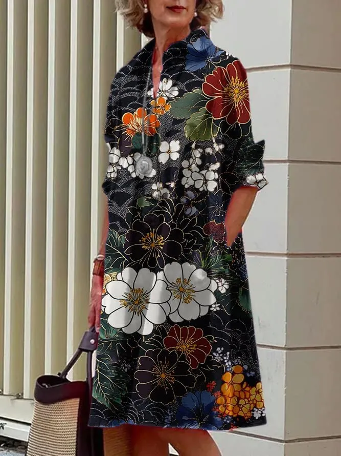 MARSVOVO Womens Linen Long Sleeve Midi Printed Button Down Shirt Dress Plus Size Loose Shirt Dresses for Women with 2 Pockets